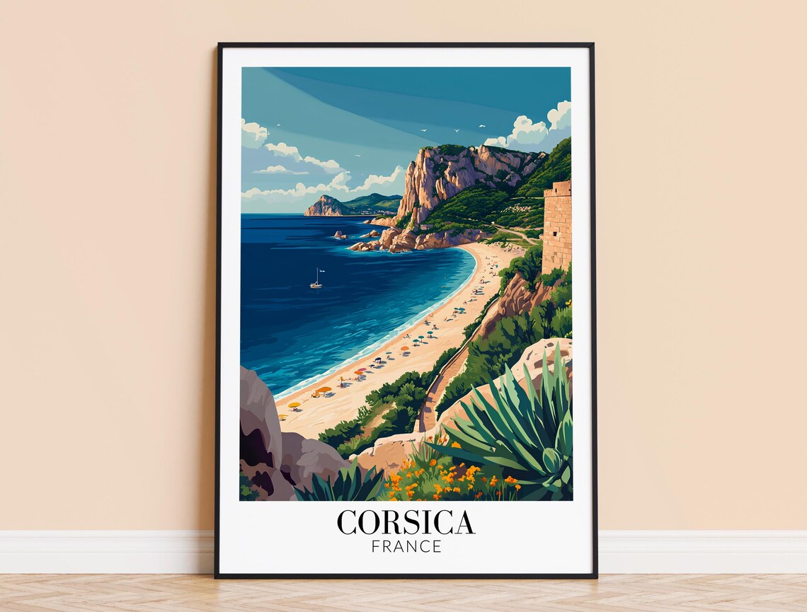 Corsica French Island Beach Cove Cliffs Tower Summer Travel Poster