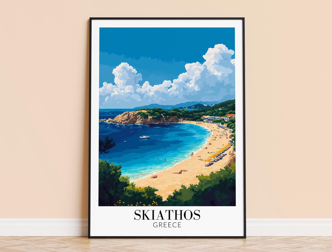 Skiathos Greece Vivid Blue Bay Beach Boats Sunny Day Travel Poster
