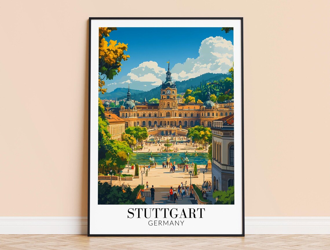 Stuttgart Germany Historic Palace Square Fountain Travel Poster