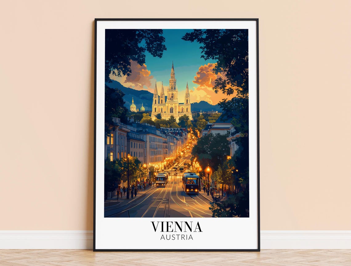 Vienna Austria Sunset Street with Illuminated Church Travel Poster