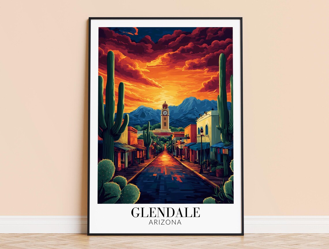 Glendale Arizona Desert Sunset Saguaro Cactus Street Travel Art Poster