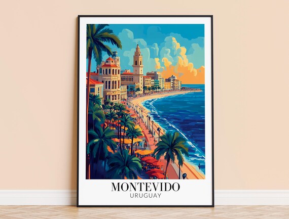Montevideo Uruguay Beach Travel Poster Palm Promenade Sunset City