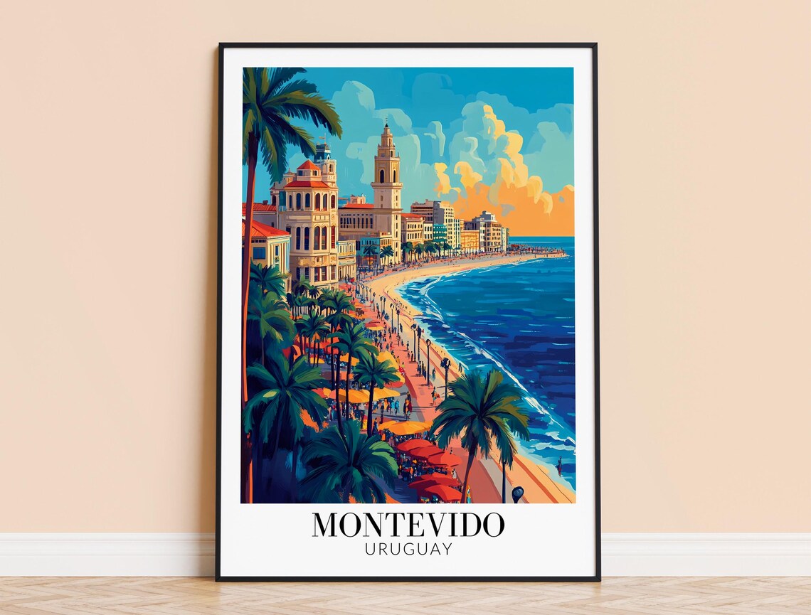 Montevideo Uruguay Beach Travel Poster Palm Promenade Sunset City