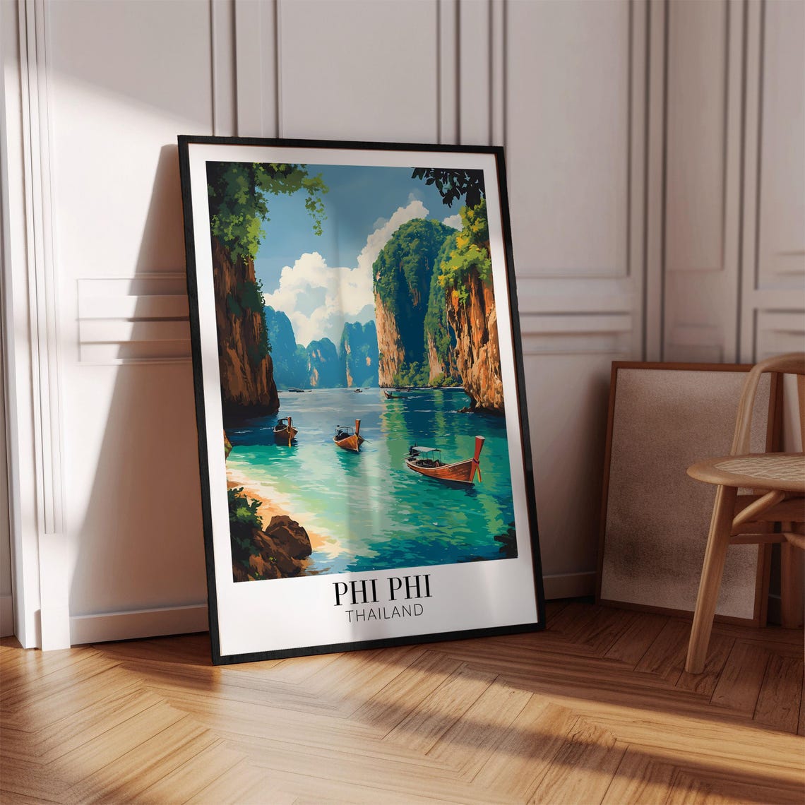 Phi Phi Thailand Emerald Cove Longtail Boats Between Cliffs Poster - Image 4