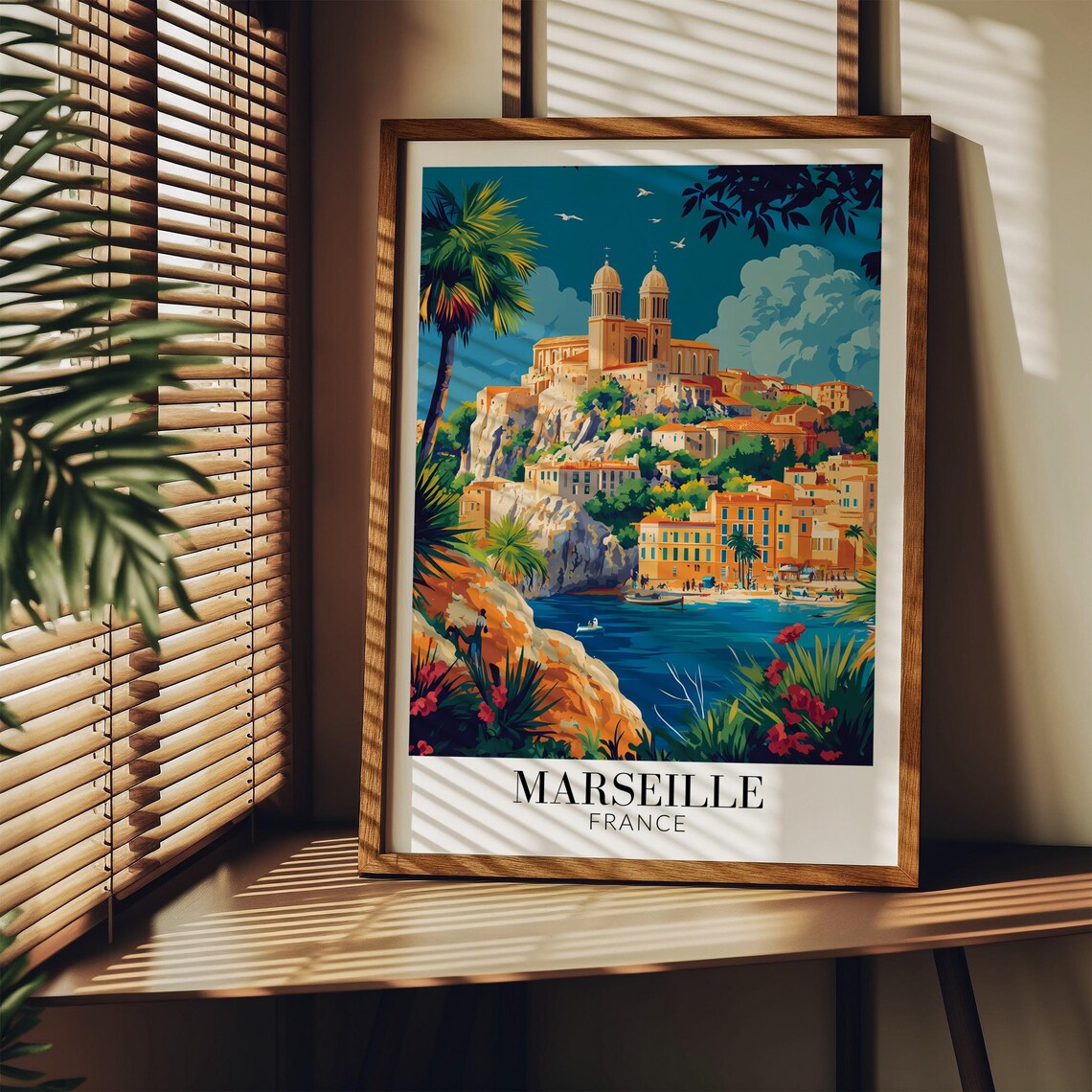 Marseille France Hilltop Basilica Harbor Night View Travel Poster - Image 2