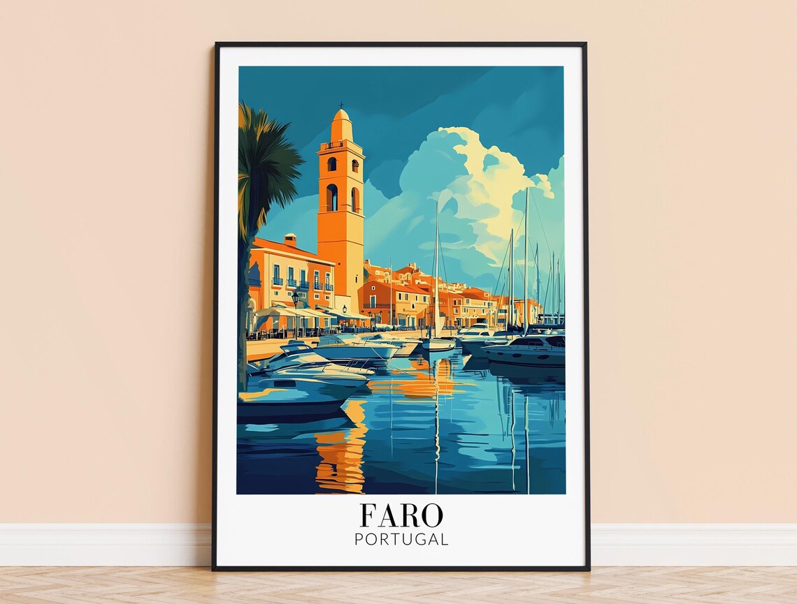 Faro Marina Portugal Sailboats Bell Tower Stylized Teal Poster