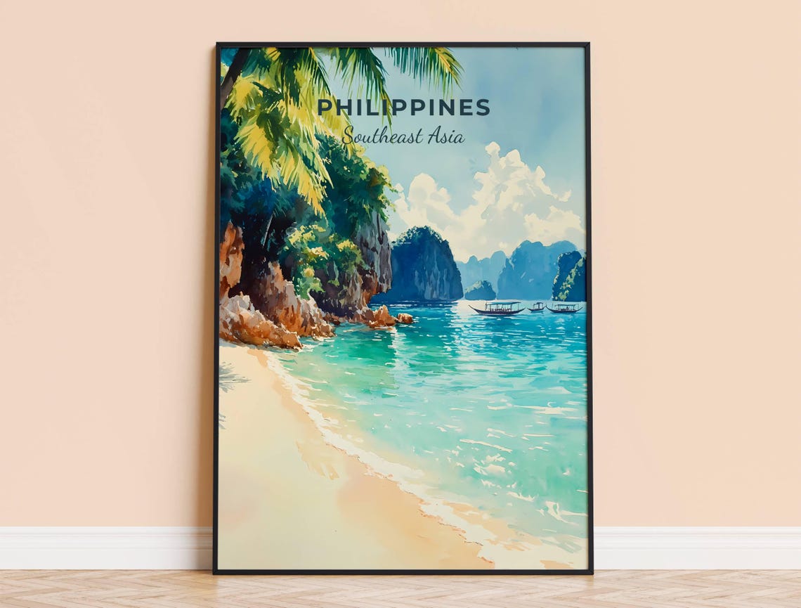 Philippines Tropical Beach Watercolor Southeast Asia Travel Poster