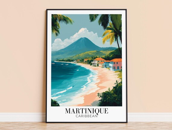 Martinique Caribbean Volcano Beach Palm Travel Poster Tropical Art