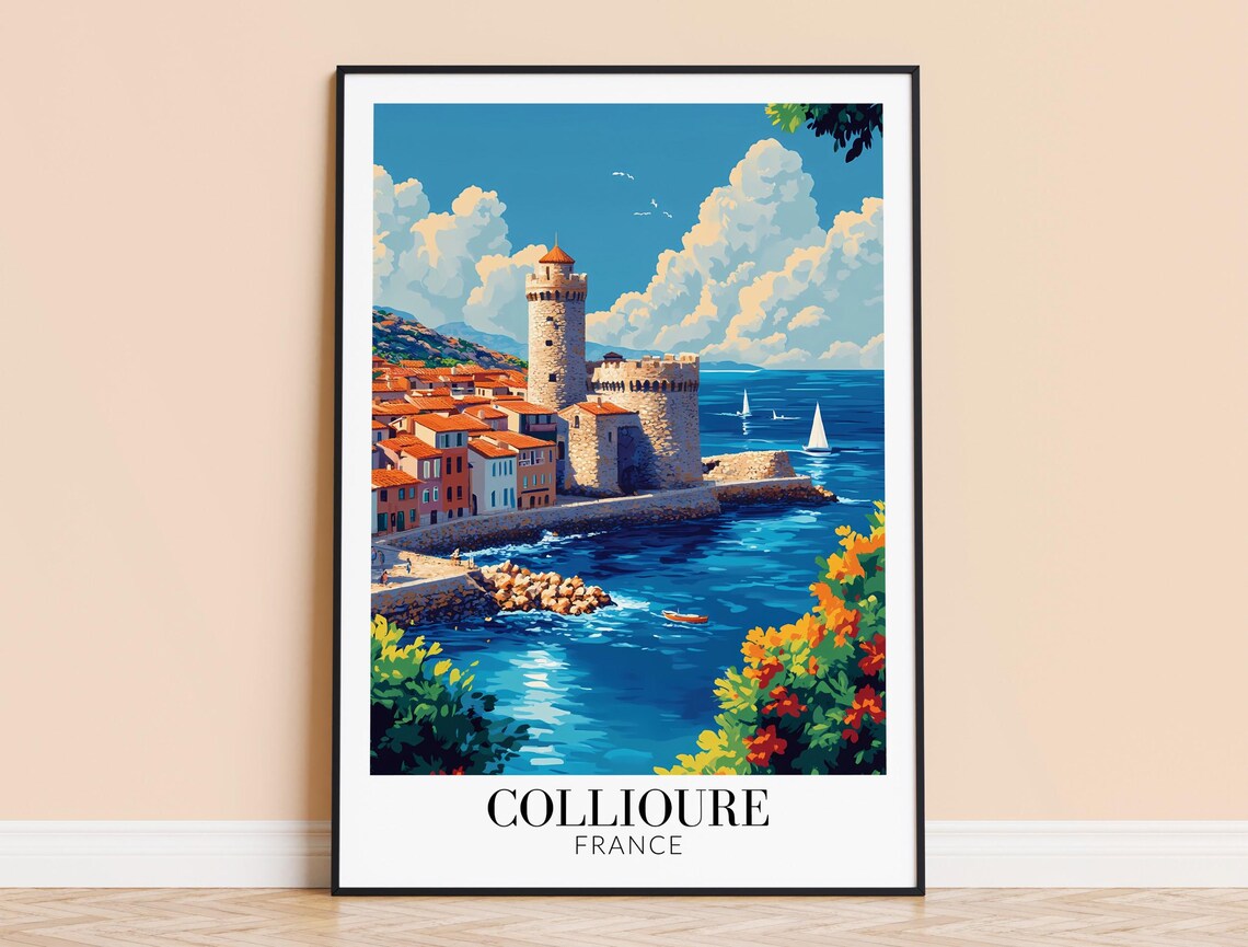 Collioure France Blue Daytime Castle Harbor Seascape Travel Poster
