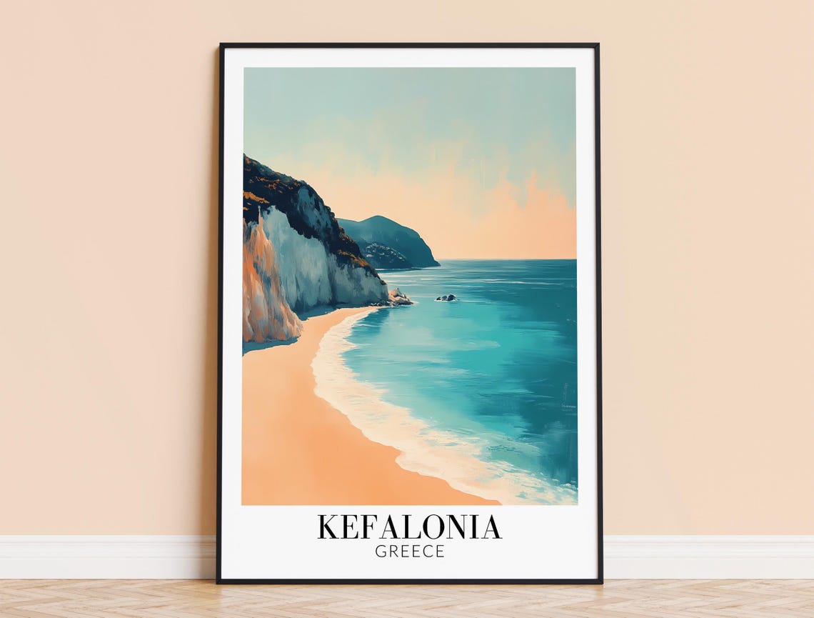 Kefalonia Greece Turquoise Beach White Cliffs Sunset Travel Poster