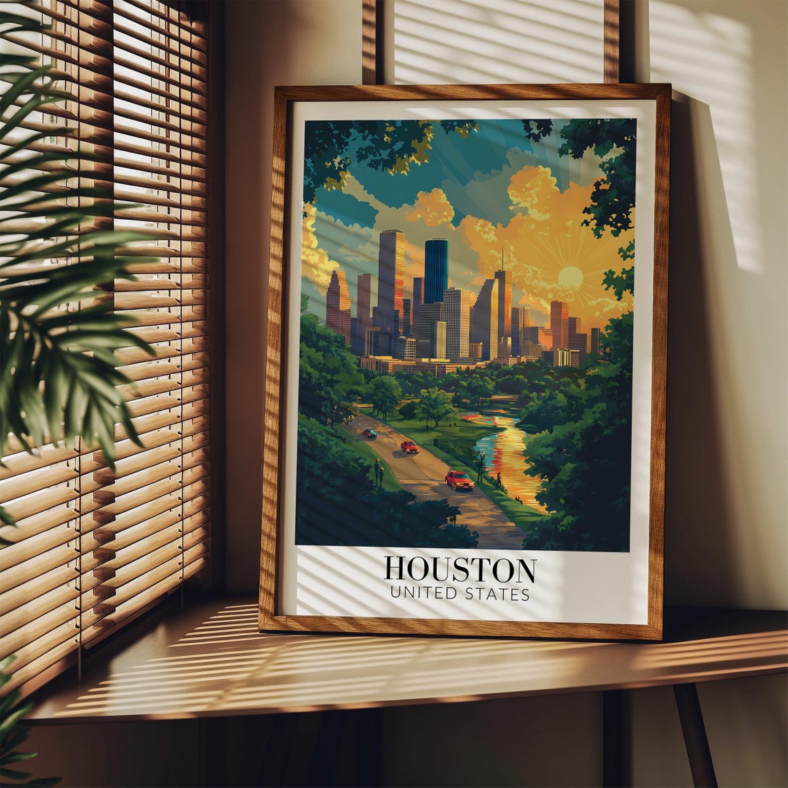 Houston Texas Downtown Skyline Sunset River Reflection Poster - Image 3