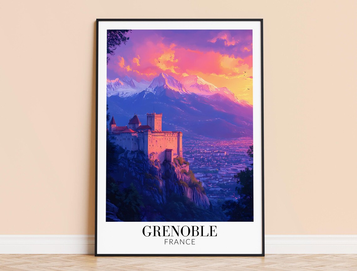 Grenoble Fortress on Hilltop at Purple Dusk Over City Poster