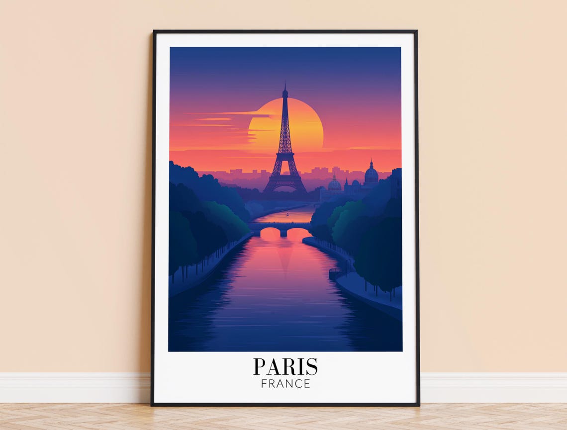 Paris Eiffel Tower Purple Sunset Seine River Silhouette Poster