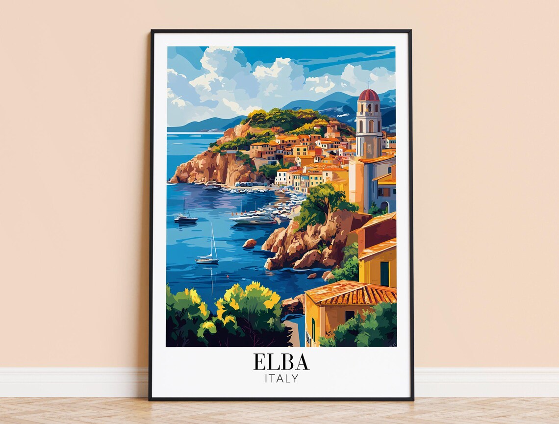 Elba Italy Cliffside Harbor Tower Colorful Minimalist Travel Poster