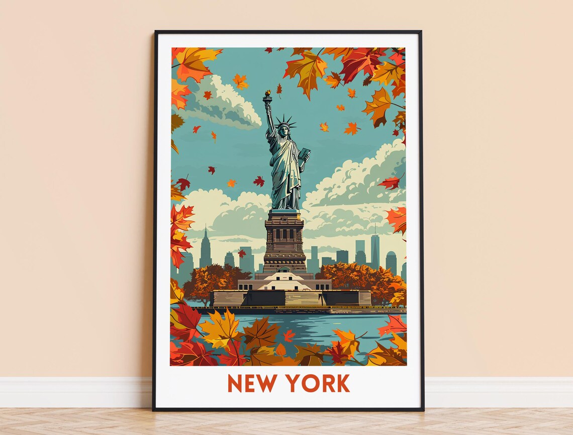 Statue Of Liberty New York Autumn Leaves Fall Foliage Vintage Travel Poster