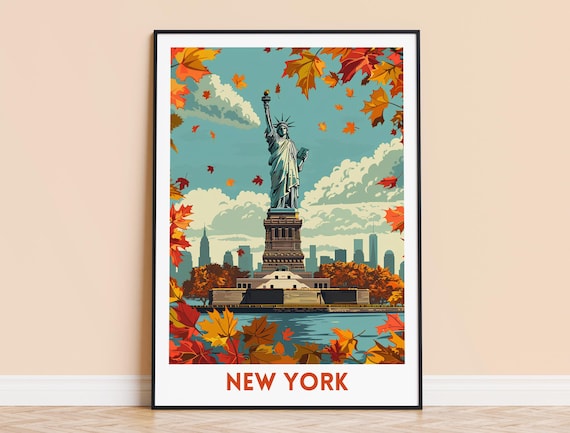 Statue Of Liberty New York Autumn Leaves Fall Foliage Vintage Travel Poster