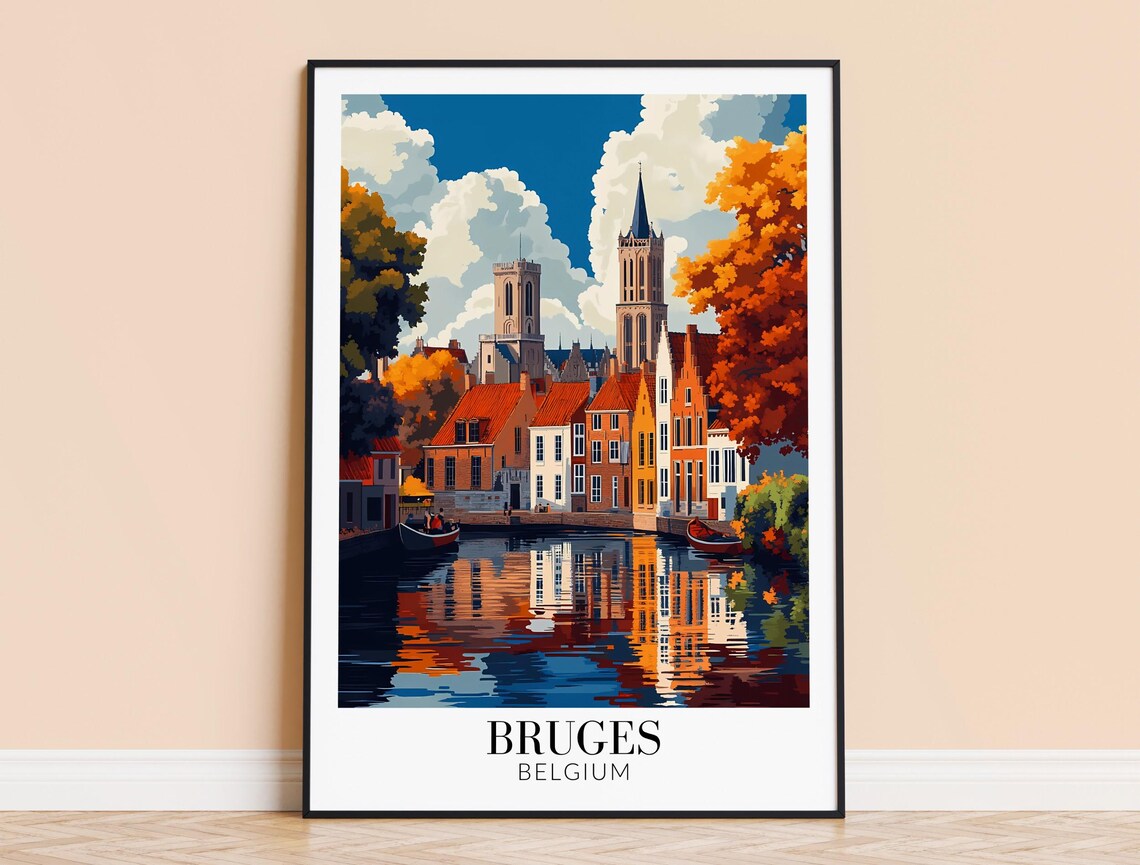 Bruges Belgium Autumn Canal Church Towers Golden Foliage Travel Poster