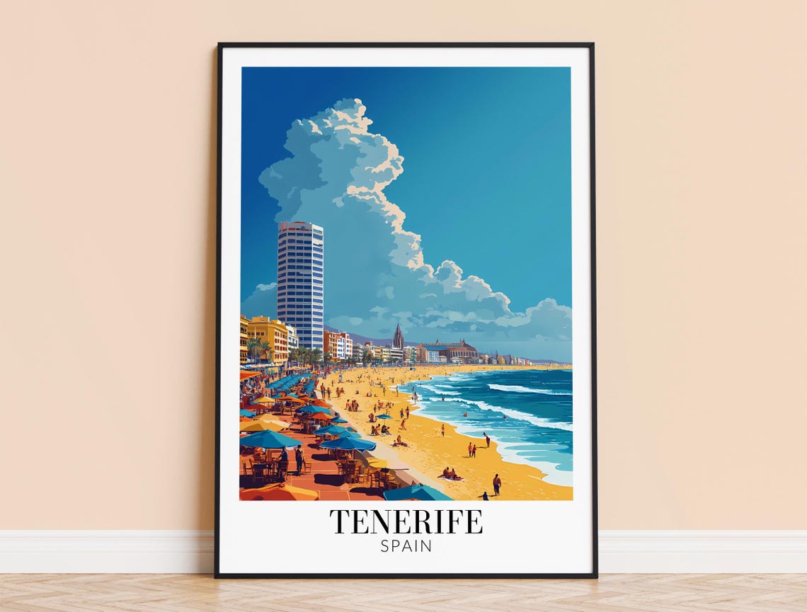 Tenerife Spain Lively Beach Resort Poster With Umbrellas and Surf