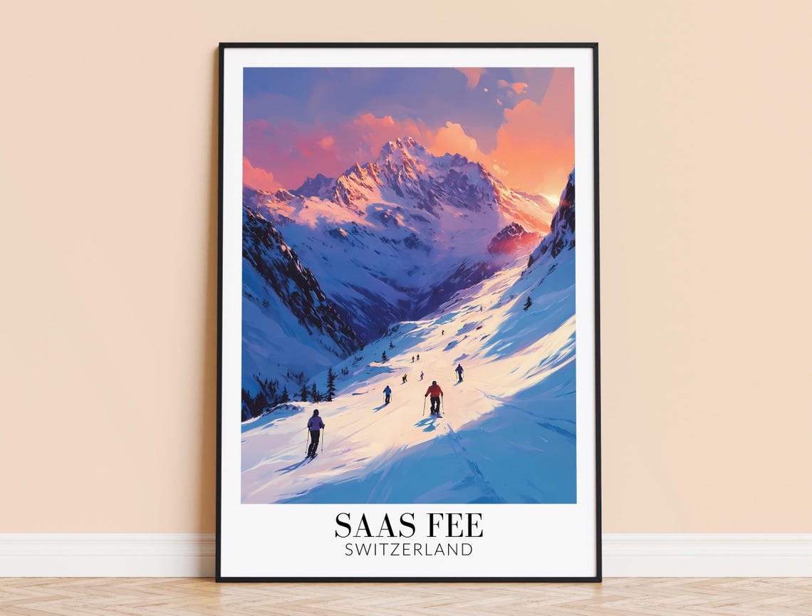 Saas Fee Switzerland Alpine Ski Slope Sunset Mountain Art Poster