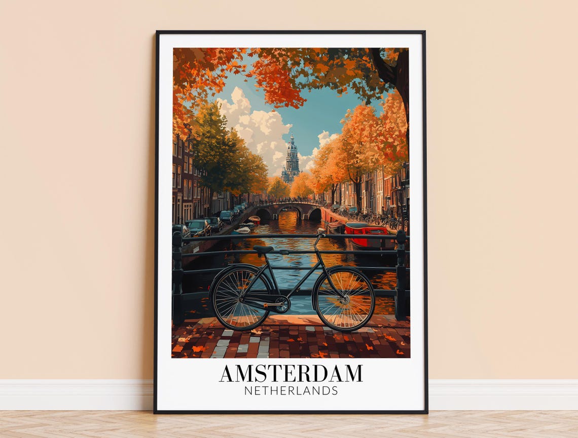 Amsterdam Autumn Canal Bicycle On Bridge Netherlands Travel Poster