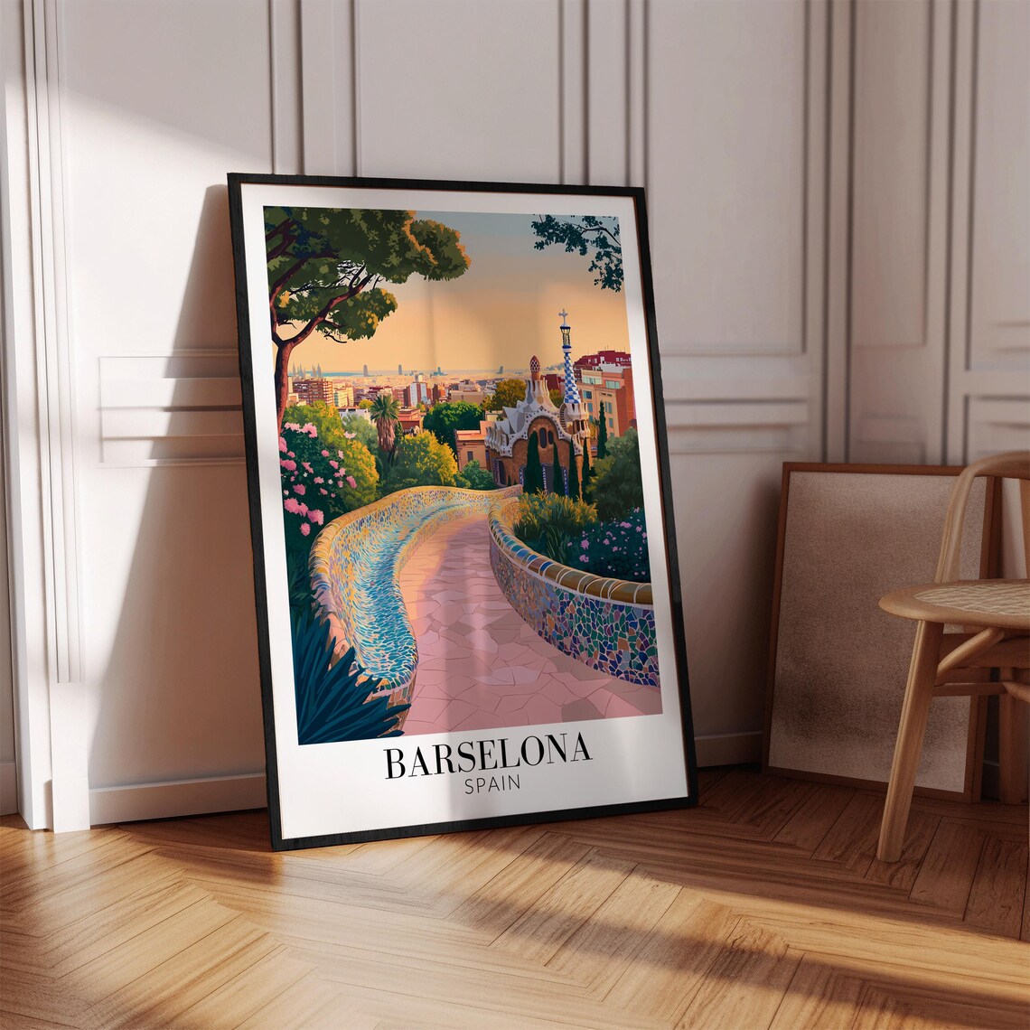Barcelona Park Guell Mosaic Terrace Glowing Dusk View Poster - Image 4