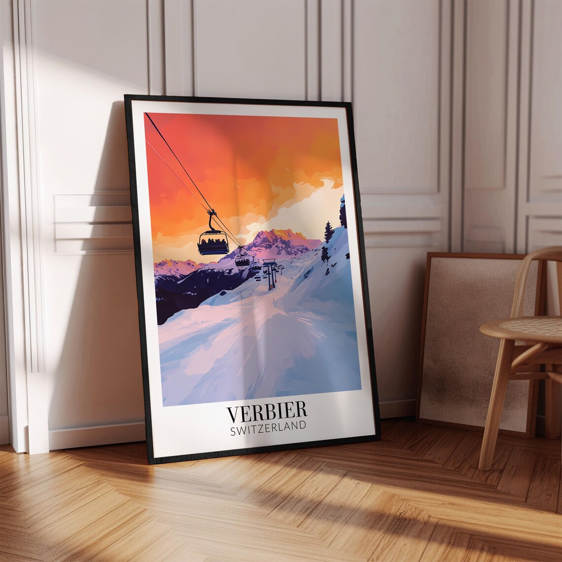 Verbier Switzerland Ski Lift at Sunset Over Snowy Slopes Poster - Image 4