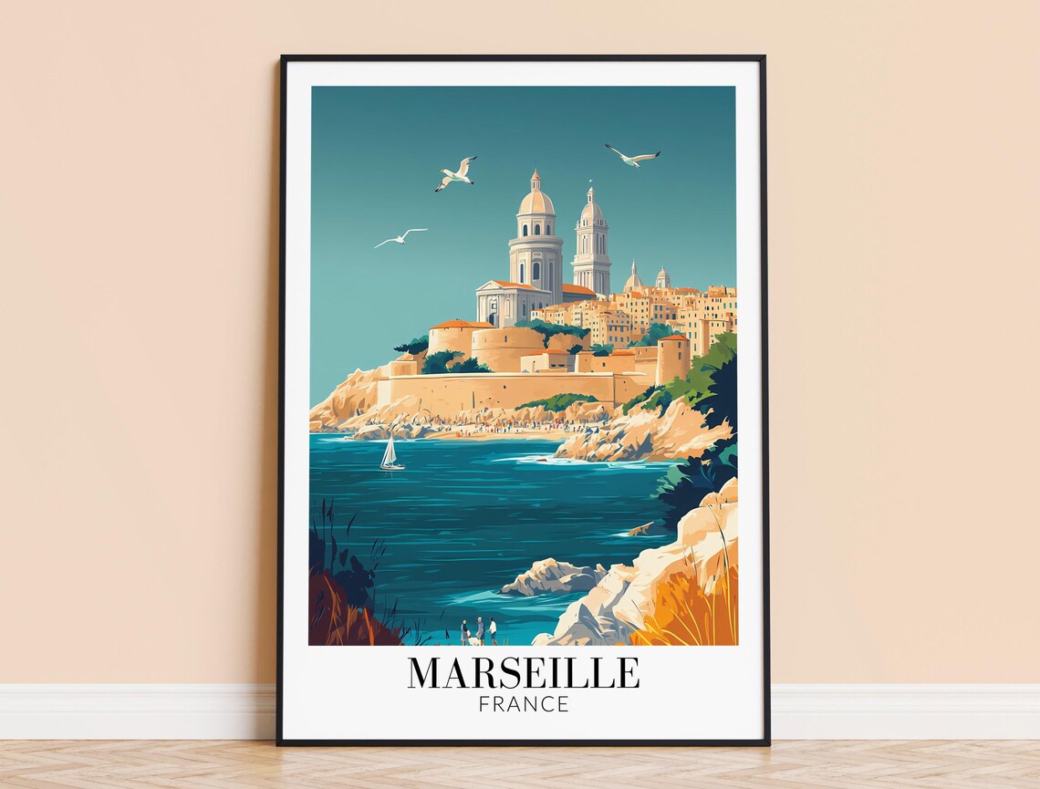 Marseille France Coastal Cliffs Sailboat Hilltop Church Travel Poster