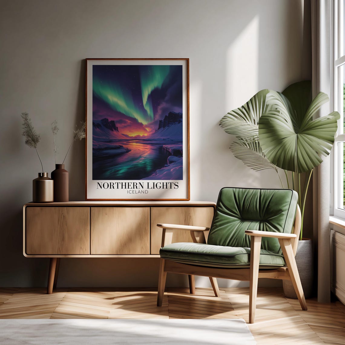 Iceland Northern Lights Aurora Over Frozen River Valley Poster - Image 2
