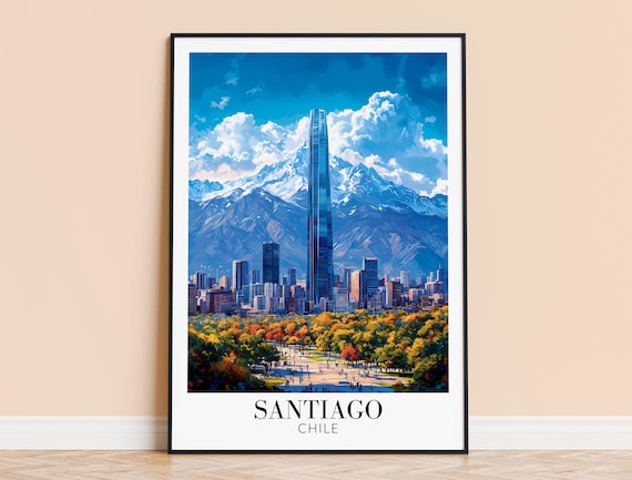 Santiago Chile Andes Mountains City Skyline Blue Travel Poster