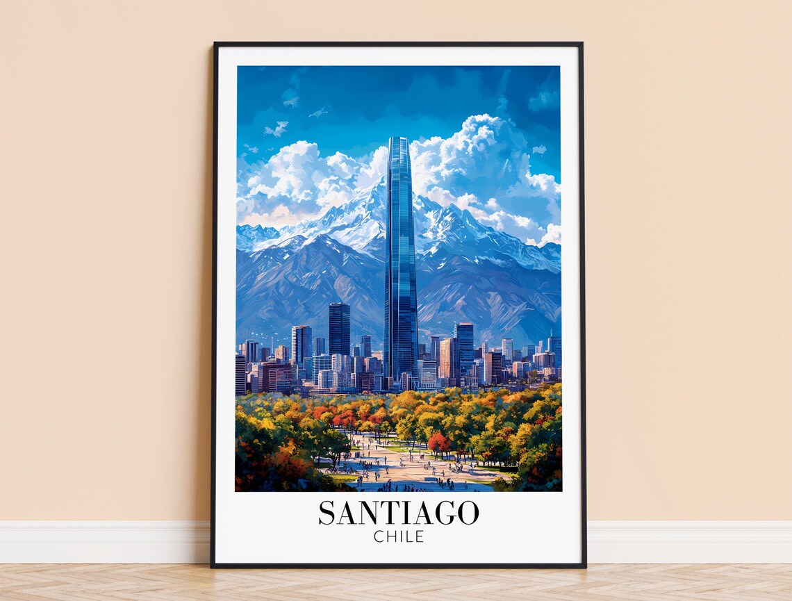 Santiago Chile Andes Mountains City Skyline Blue Travel Poster