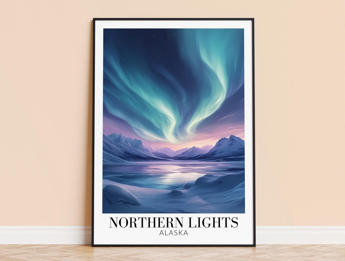 Alaska Northern Lights Aurora Over Moonlit Fjord Waters Poster