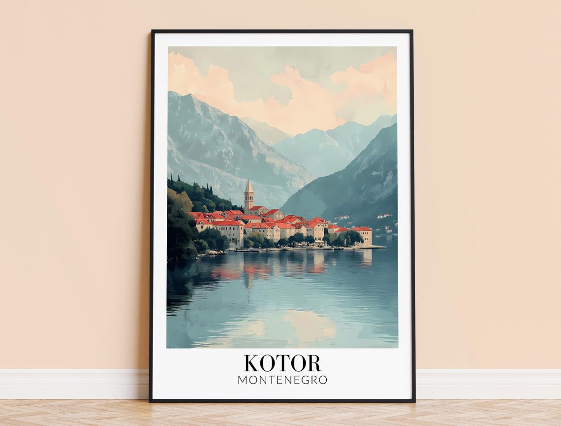 Kotor Montenegro Travel Poster with Bay Red Rooftops and Mountain View
