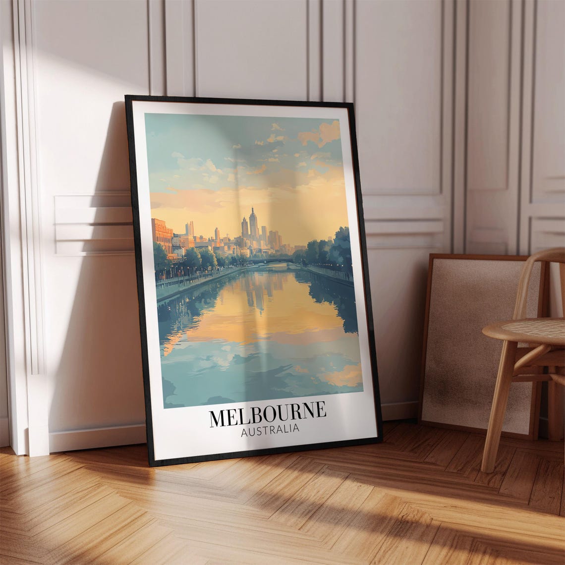 Melbourne Australia Yarra River Morning Golden Skyline Travel Poster - Image 2