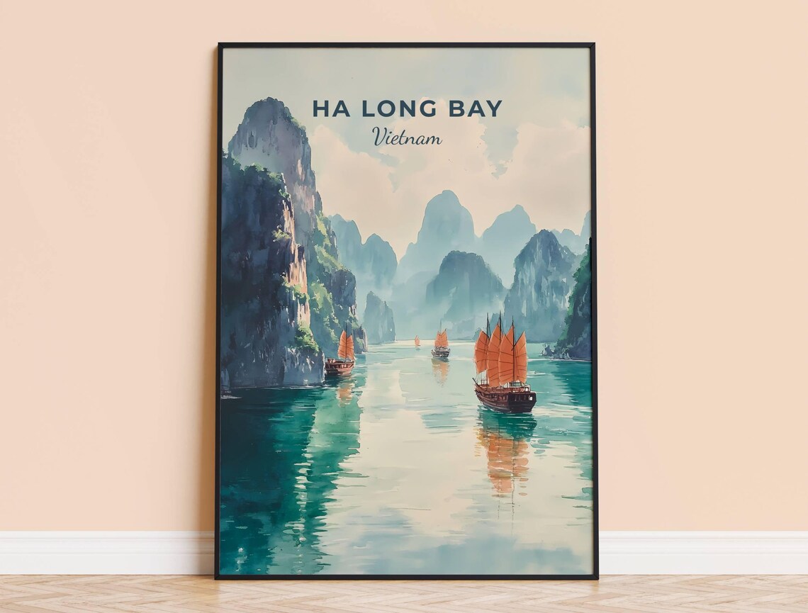 Ha Long Bay Vietnam Watercolor Limestone Karst Sailboats Travel Poster
