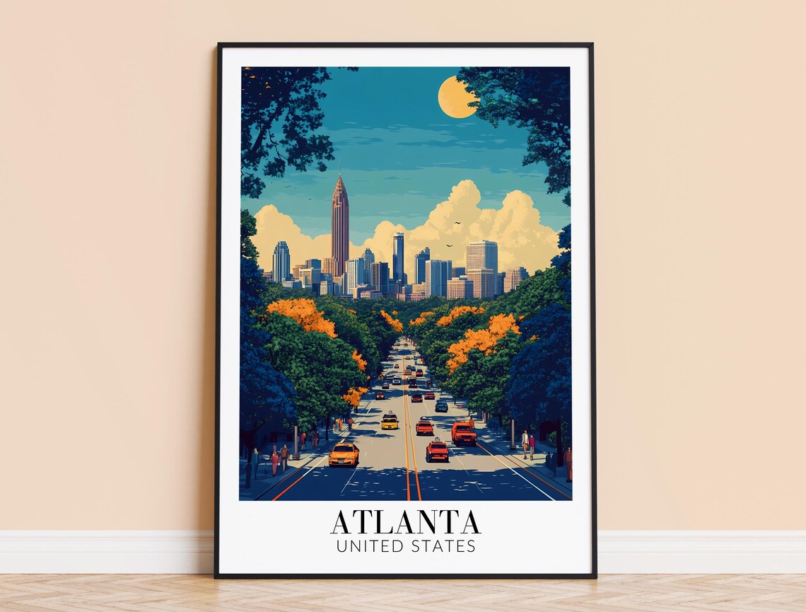 Atlanta Peachtree Street Autumn Moon Cars Night Travel Poster