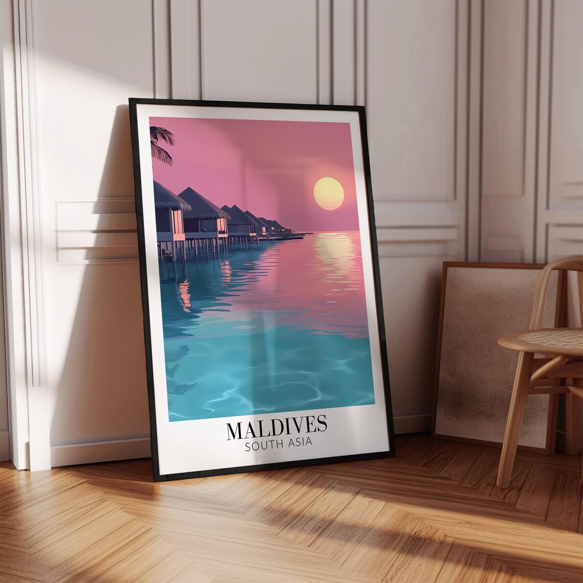 Maldives Pink Sunset Overwater Villas Glassy Calm Water Poster - Image 4