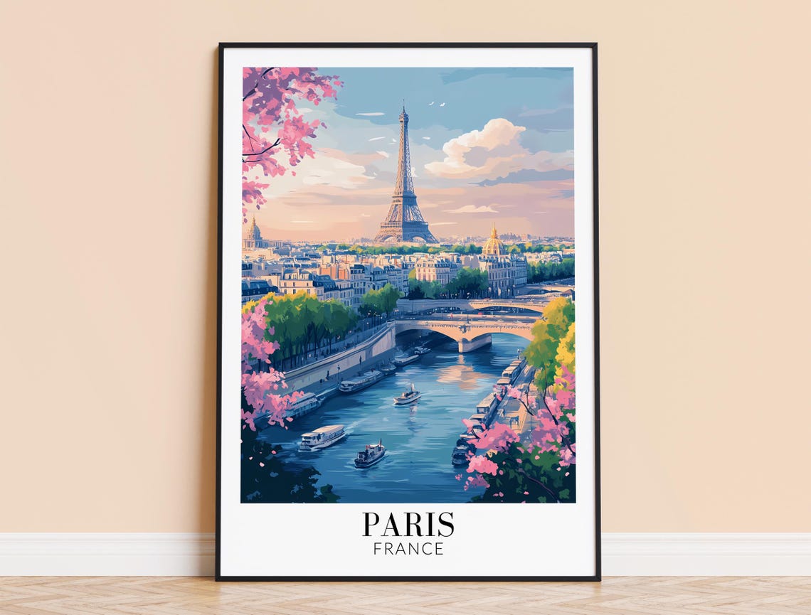 Paris Eiffel Tower Seine Pink Blossom Boats Spring Travel Poster