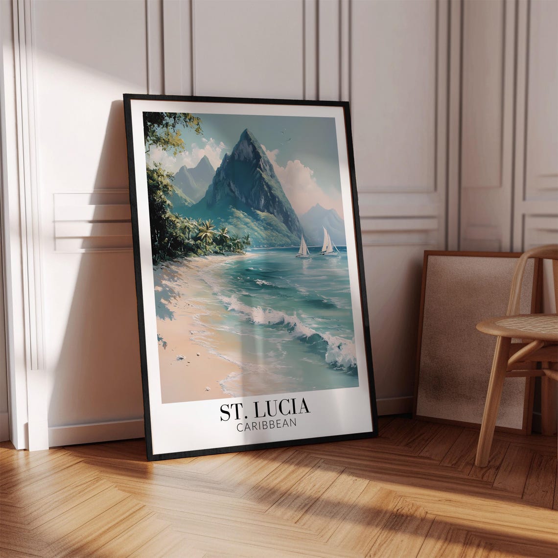 St Lucia Caribbean Piton Peak White Sand Beach Sailboats Travel Poster - Image 4