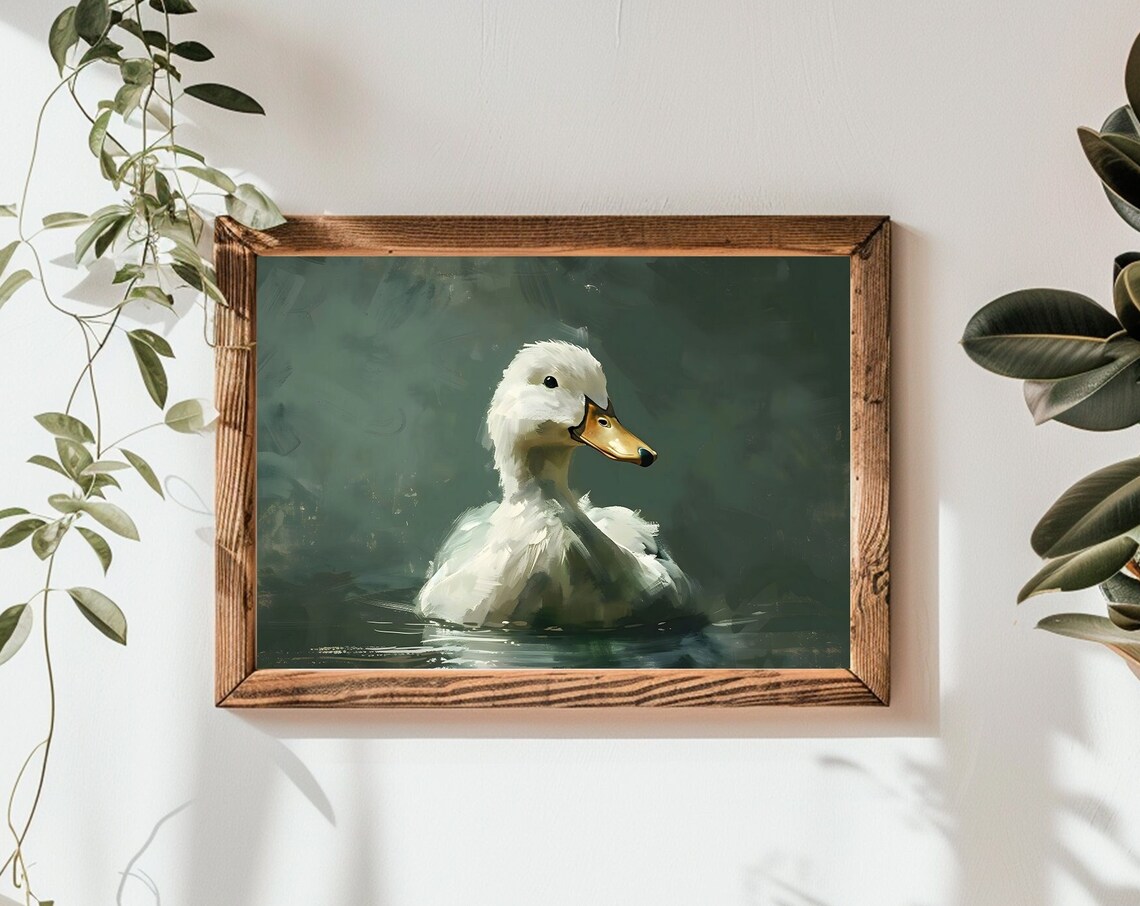 White Duckling Oil Painting Swimming Dark Green Background Poster
