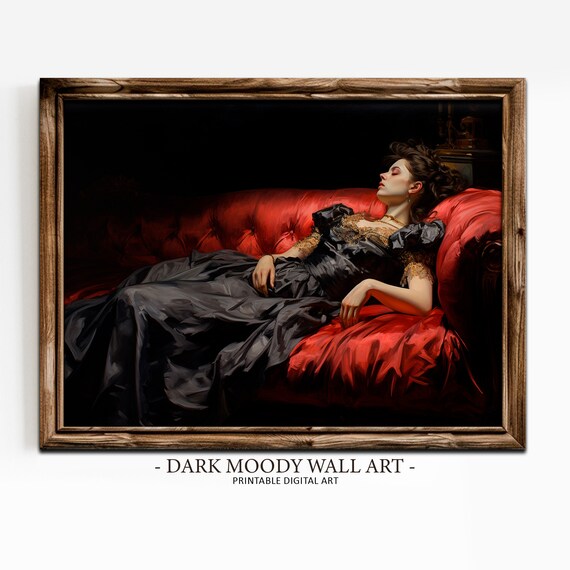 Victorian Woman Black Gown Red Velvet Sofa Dark Romance Art Print