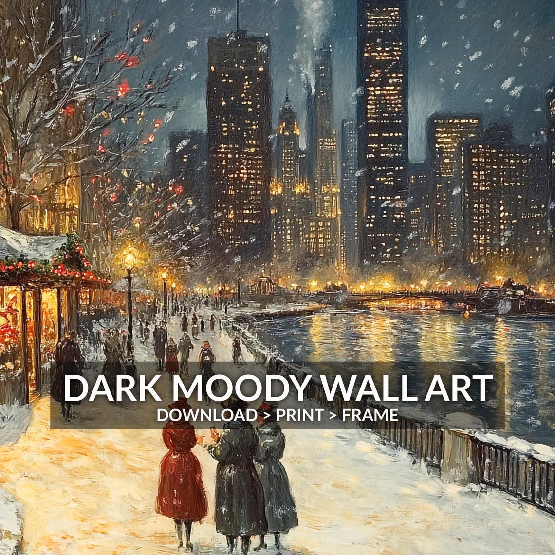 Victorian Riverfront Winter Night Shops Glowing Snow Walk Poster - Image 6