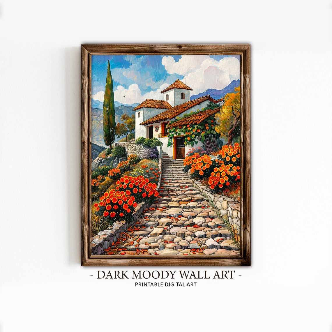 Mexican Hacienda Cobblestone Steps Orange Flowers Mountain Art Poster