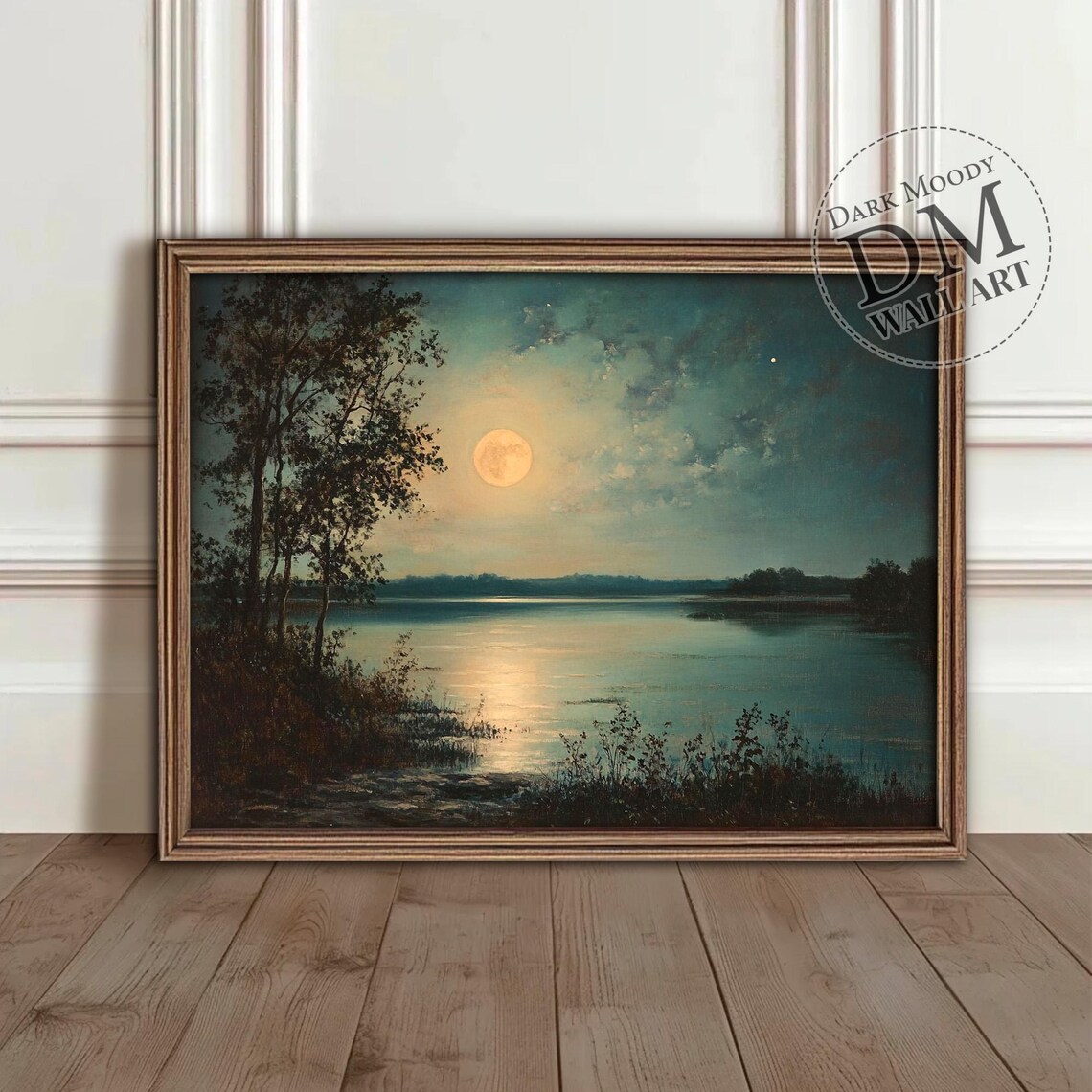 Moonlit Lake Art Print, Moody Night Sky Landscape