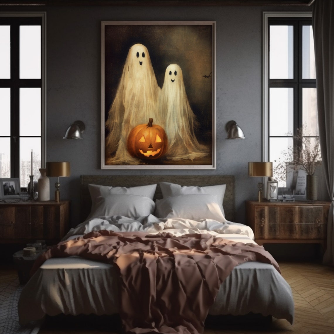 Cute Ghost Print Moody Haunted Halloween Art Gothic Ghost Couple Painting Decor - Image 6