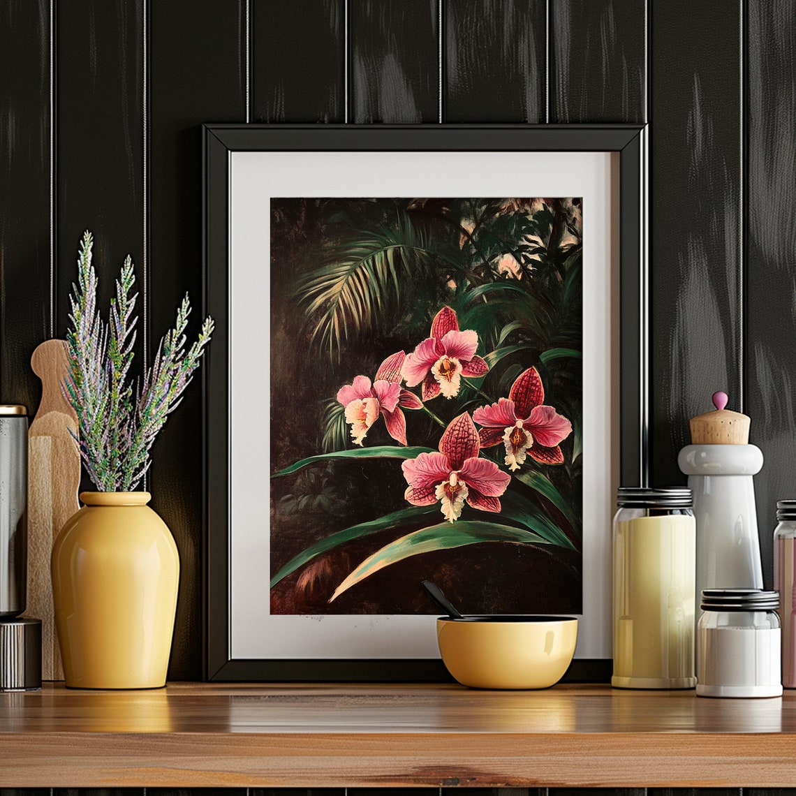 Pink Orchid Blooms Dark Jungle Botanical Painting Decor Poster - Image 5