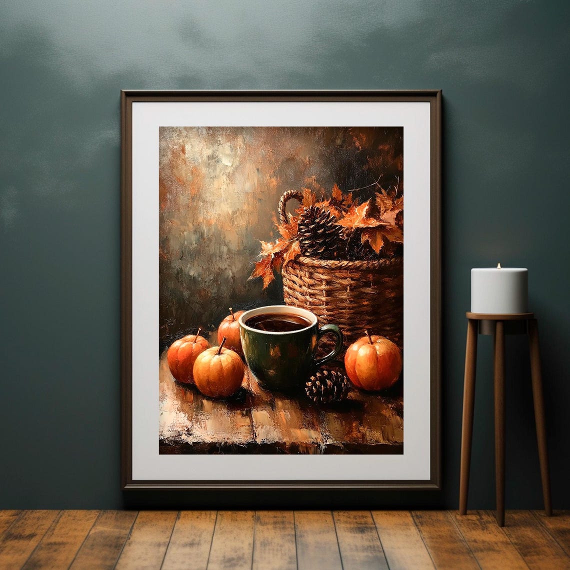 Autumn Coffee Mug Mini Pumpkins Pinecone Basket Cozy Wall Art - Image 4