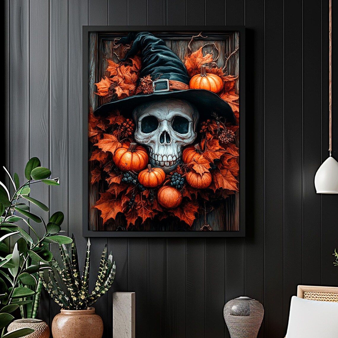 Skull in Witch Hat With Pumpkins and Autumn Leaves Spooky Halloween Poster - Image 6