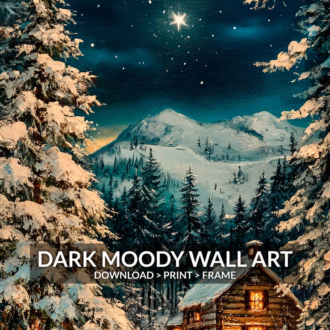 Starlit Log Cabin in Snowy Pine Forest Christmas Night Wall Art - Image 6