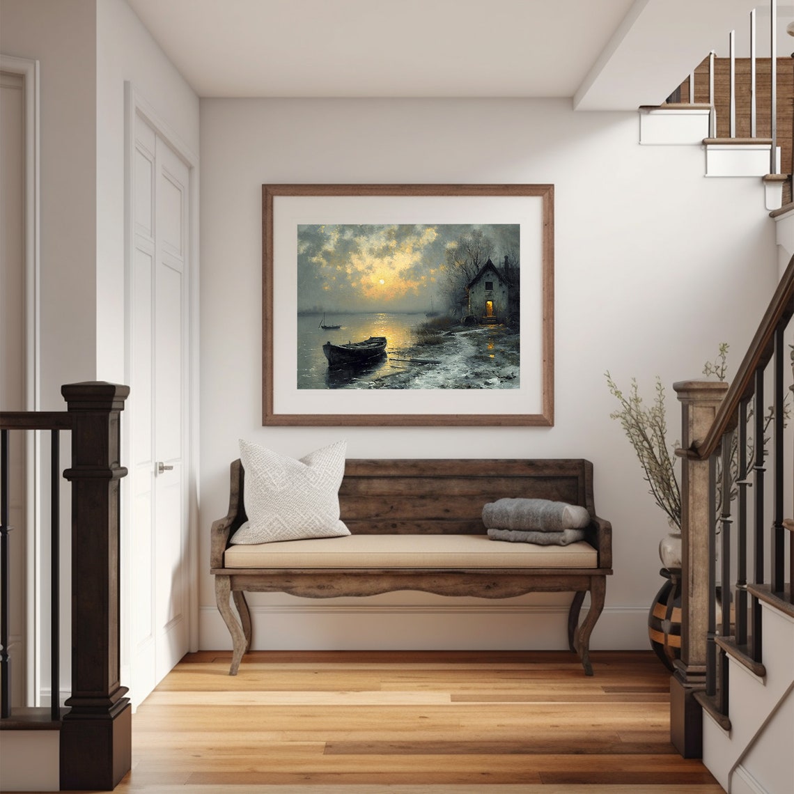 Moody Lakeside Cabin Rowboat Sunset Reflection Dark Rustic Poster - Image 3