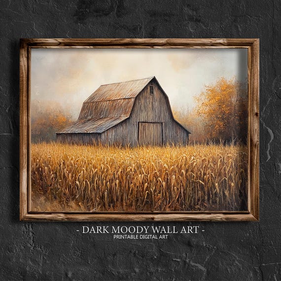 Fall Prints Moody Barn Wall Art Fall Corn Field Landscape Painting Dark Cottagecore Print Autumn Country Farmhouse Wall Decor